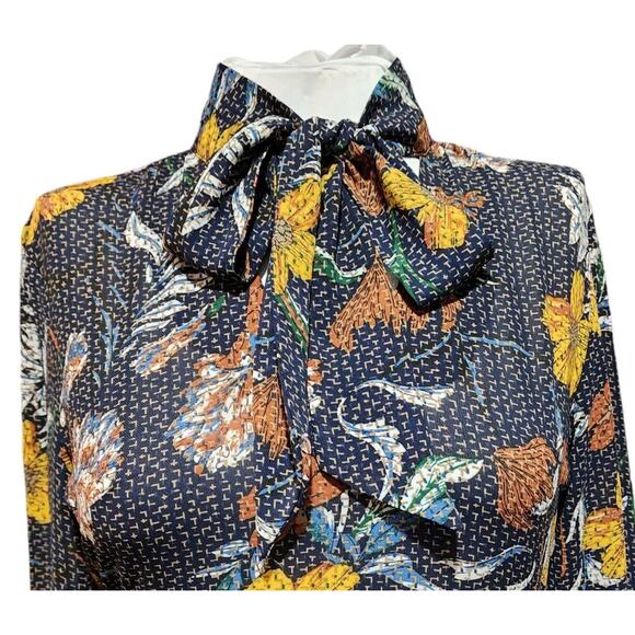 California Moon Rise Dress Fall Floral Bow Neck Blue Mini Nomad Art House Small - Picture 2 of 12